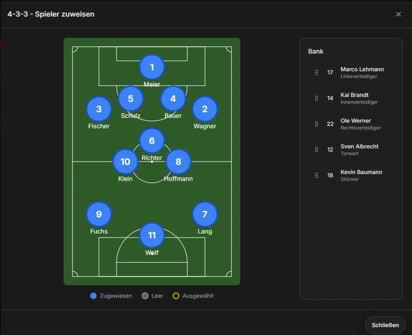 Screenshot der KAIZEA App: Aufstellungsplaner mit Spielfeldansicht