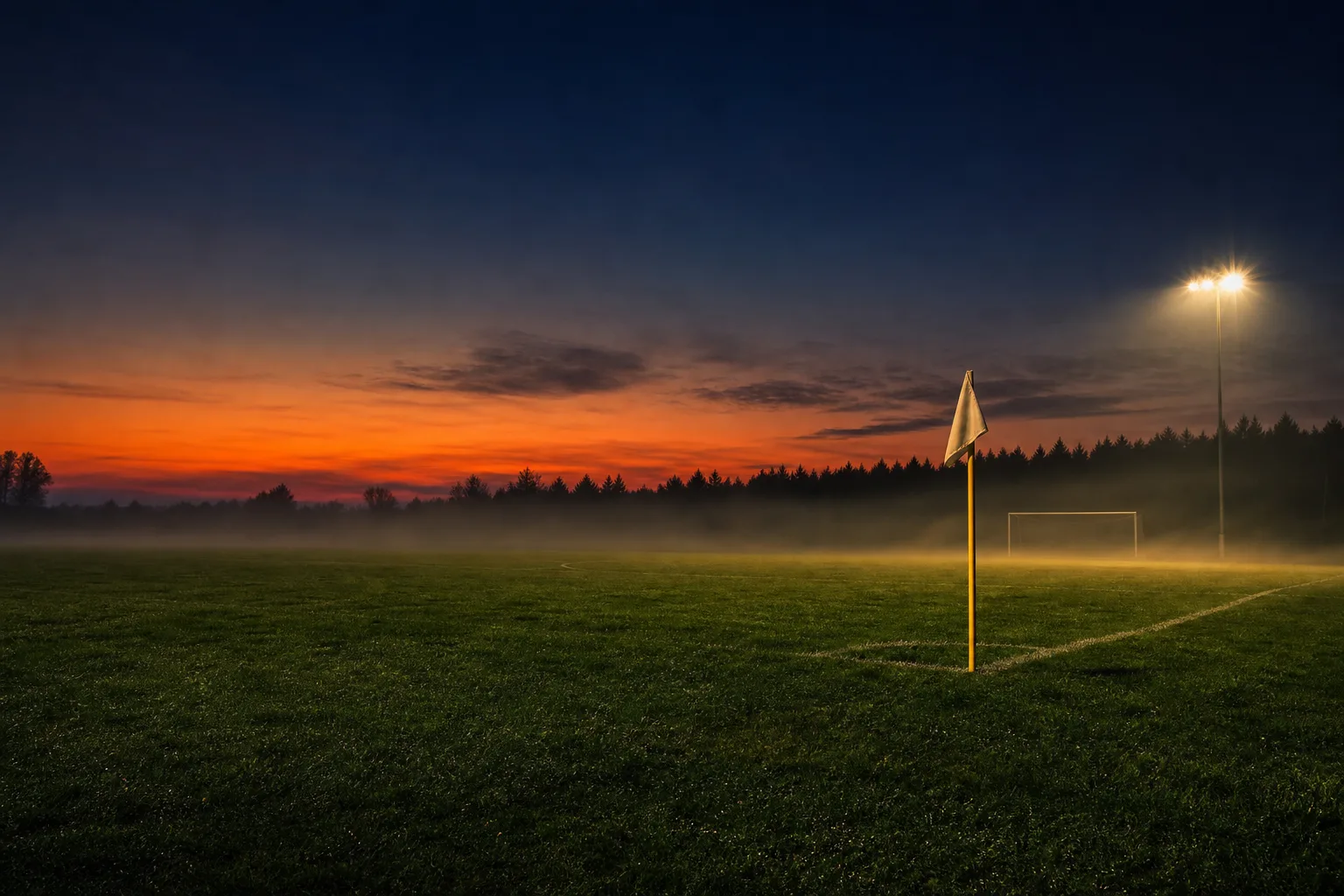 Flutlicht über dem Platz eines Amateurfußballvereins am Abend